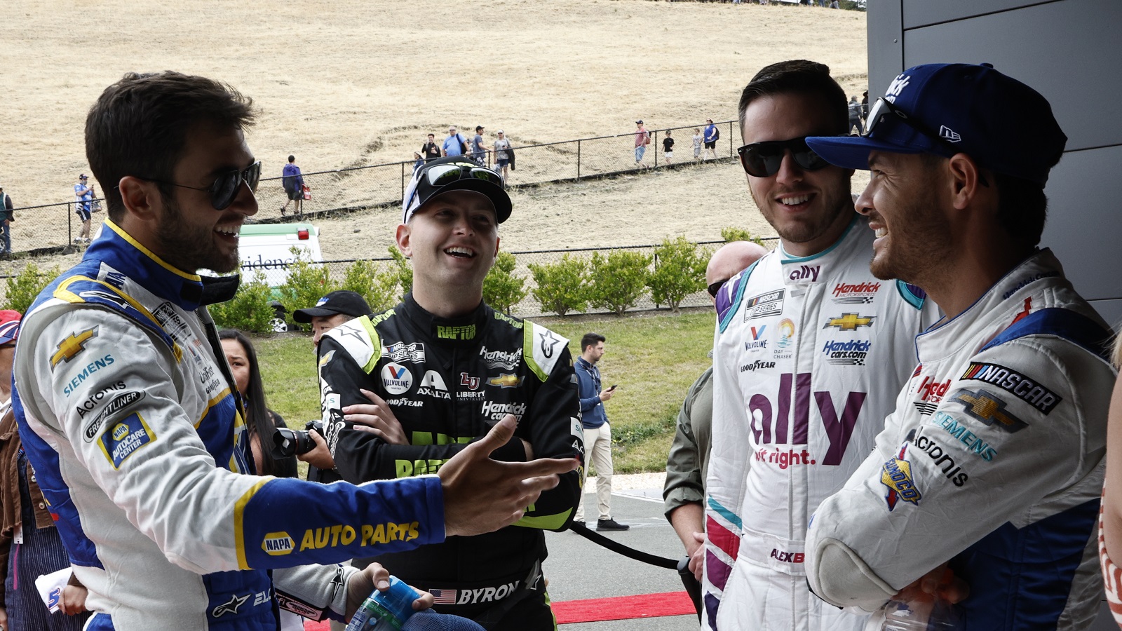 Chase Elliott, William Byron, Alex Bowman, and Kyle Larson of Hendrick Motorsports share a laugh at the 1948 Club prior to the NASCAR Cup Series Toyota/Save Mart 350 at Sonoma Raceway on June 12, 2022.