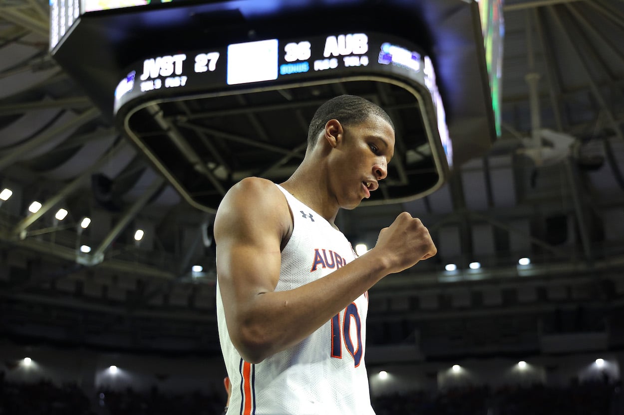 Jabari Smith Jr., the likely No. 1 pick of the 2022 NBA Draft, celebrates for Auburn.