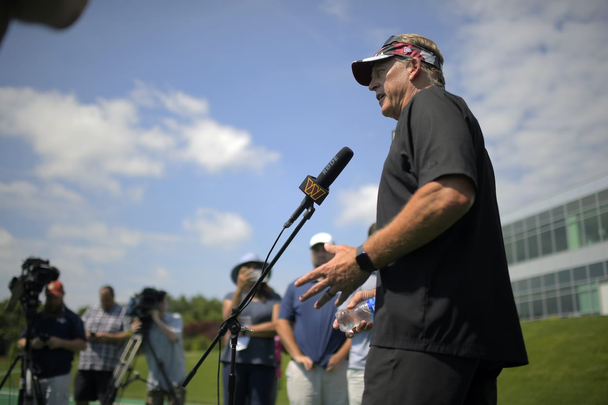 Washington Commanders defensive coordinator Jack Del Rio talks to the media. He could be on the hot seat now after his January 6 coments.