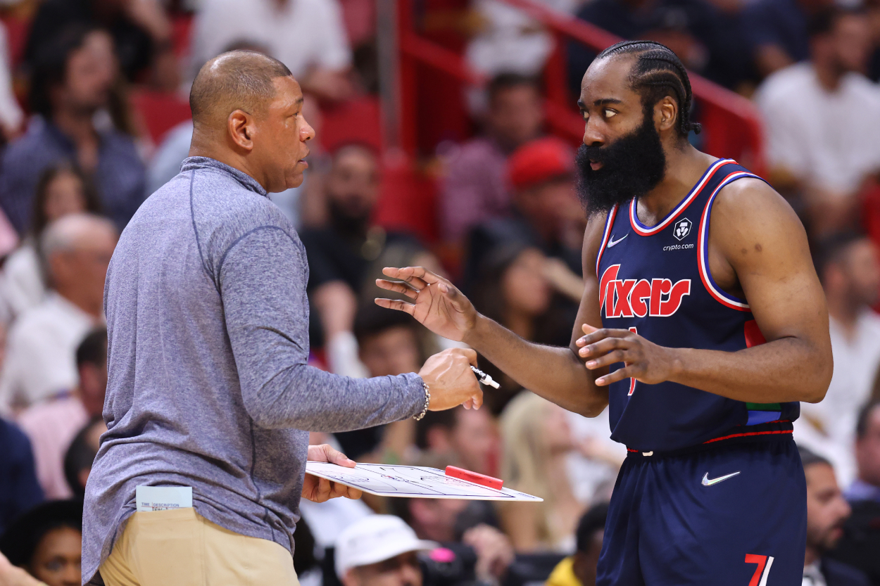 Philadelphia 76ers head coach Doc Rivers and superstar guard James Harden in 2022.