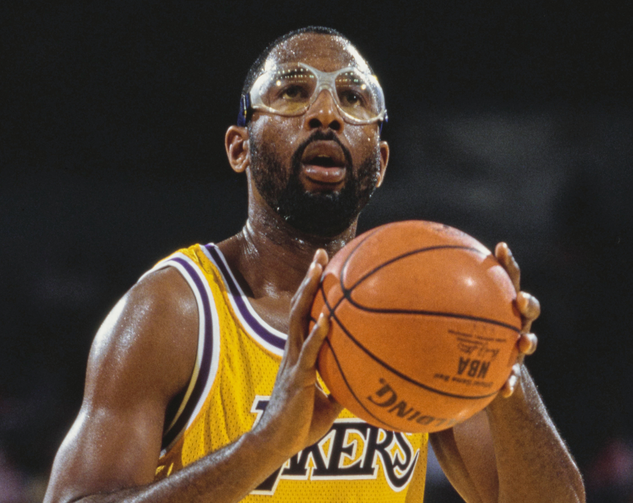 James Worthy of the Los Angeles Lakers prepares to shoot a free throw.