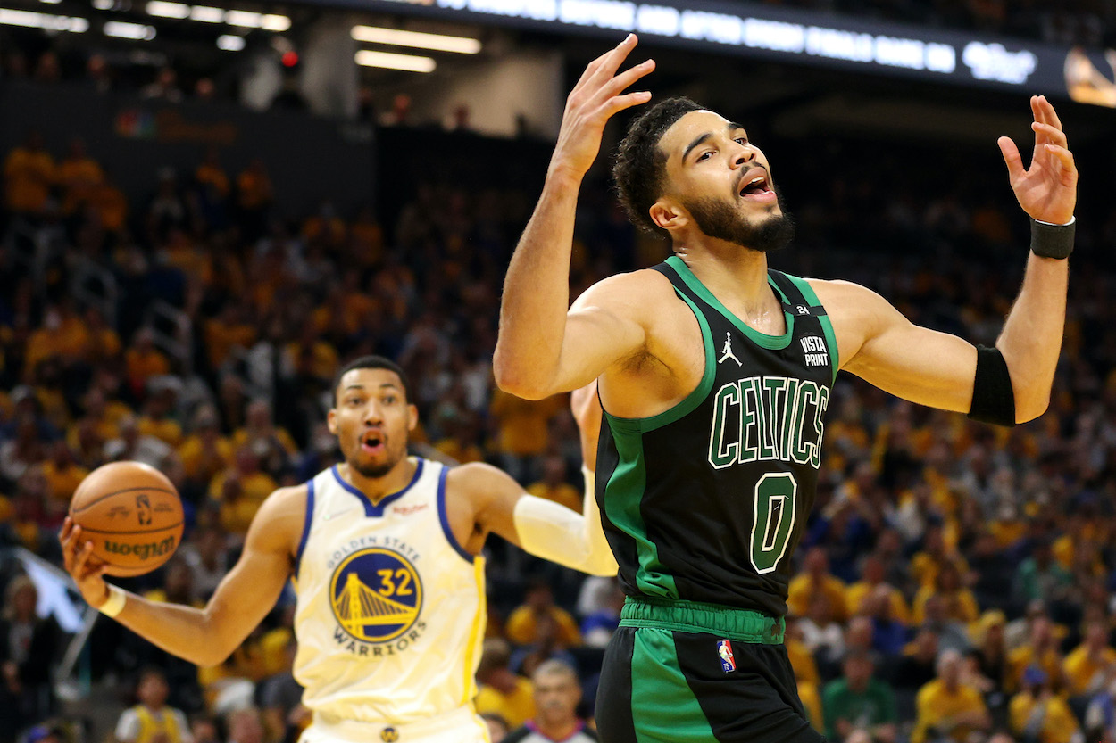 Jayson Tatum reacts to a call during Game 5 of the NBA Finals.