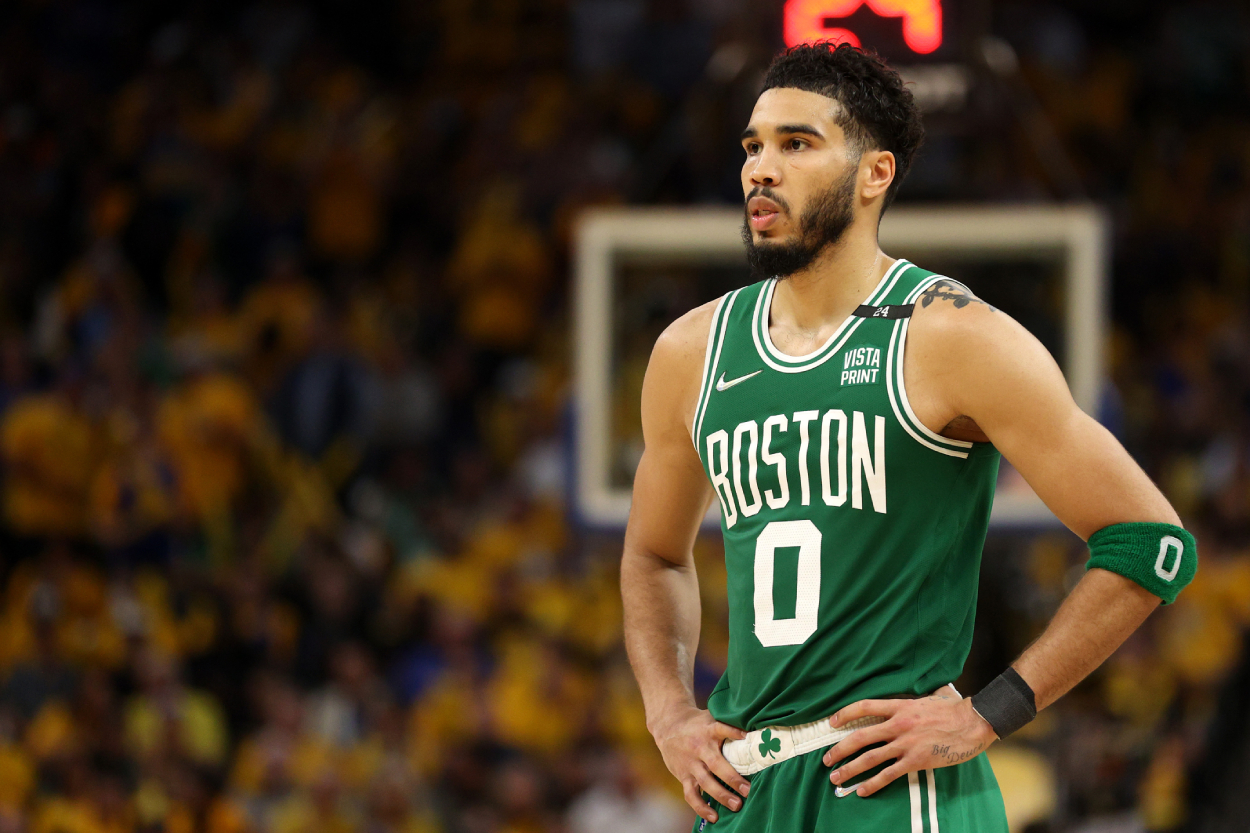Jayson Tatum of the Boston Celtics looks on during the third quarter against the Golden State Warriors.