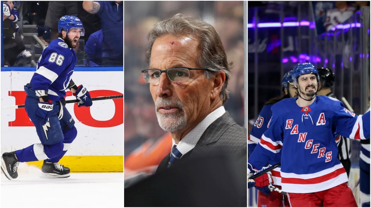 Nikita Kucherov (L), John Tortorella (C), and Chris Kreider (R)