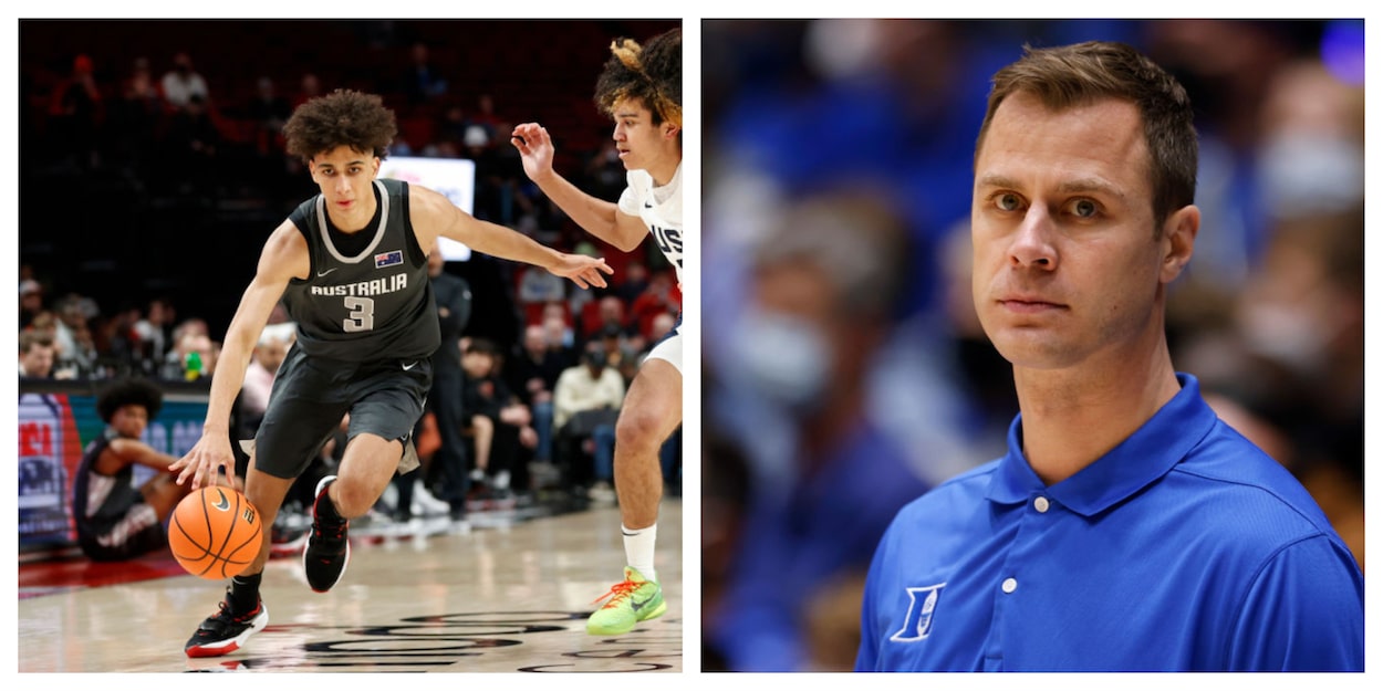 Tyrese Proctor (L) and Duke coach Jon Scheyer.