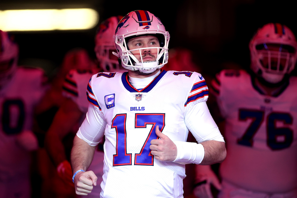 Josh Allen of the Buffalo Bills takes the field prior to the AFC Divisional Playoff game in 2022