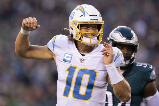 Justin Herbert smiles against the Eagles.
