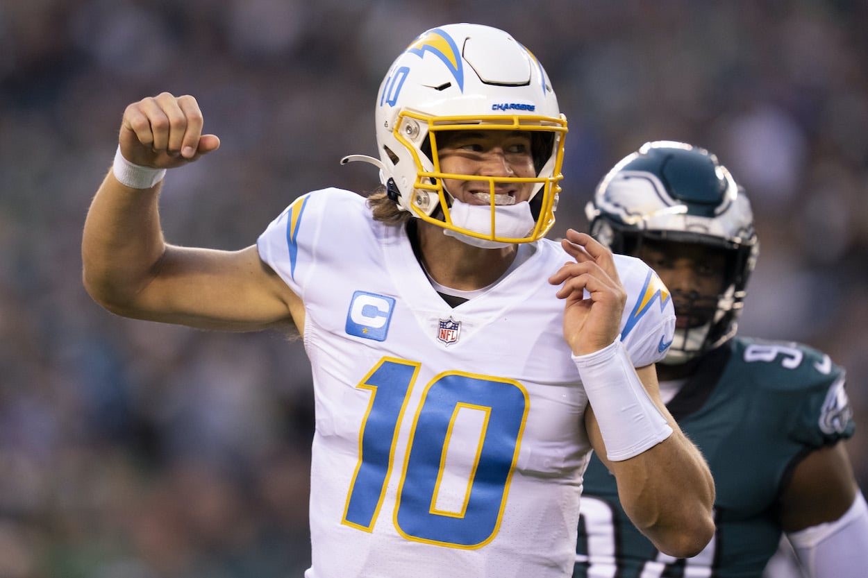 Justin Herbert smiles against the Eagles.