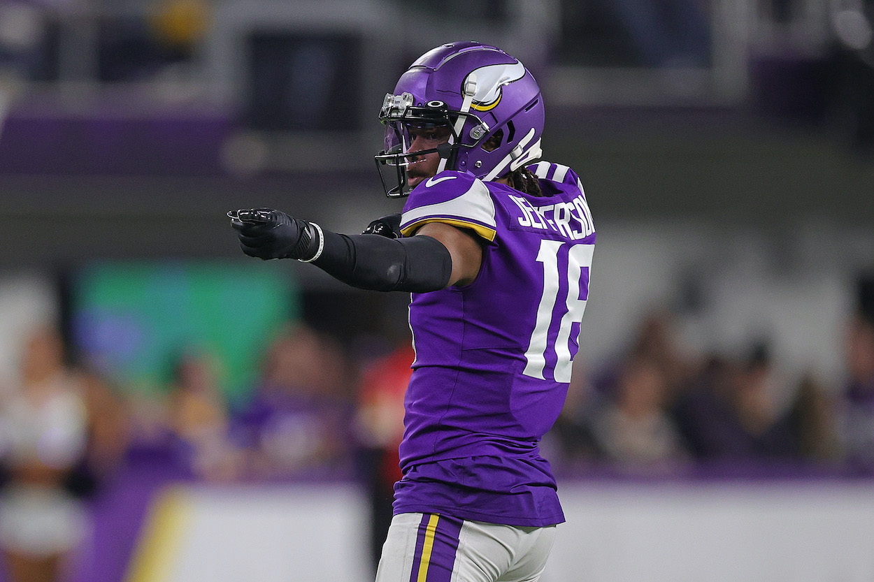 Justin Jefferson of the Minnesota Vikings reacts to a first down during the 2021 season.