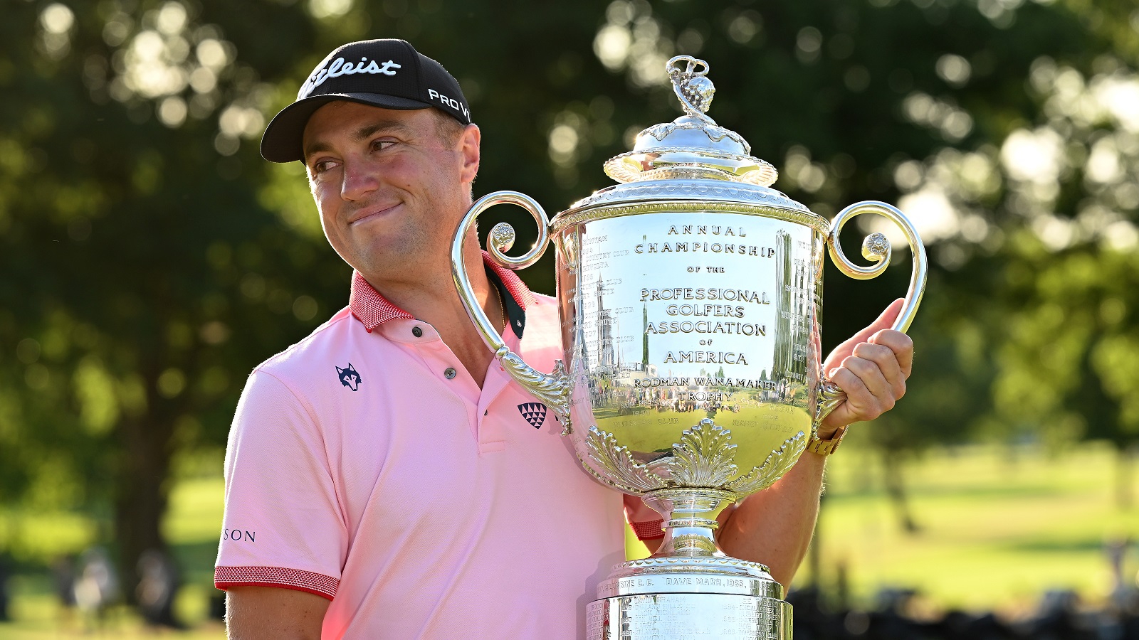 Justin Thomas celebrates with the Wanamaker Trophy after the final round of the PGA Championship at Southern Hills Country Club on May 22, 2022 in Tulsa, Oklahoma.