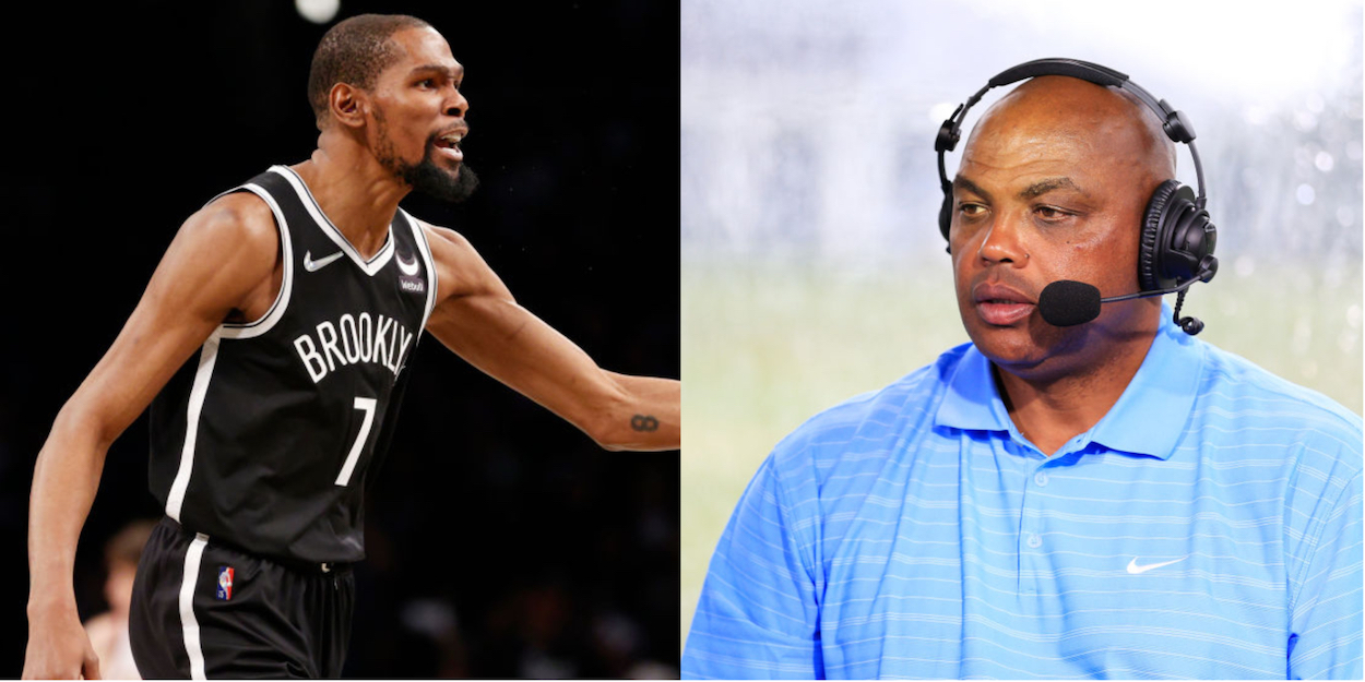 Brooklyn Nets forward Kevin Durant (L) and TNT analyst Charles Barkley (R)