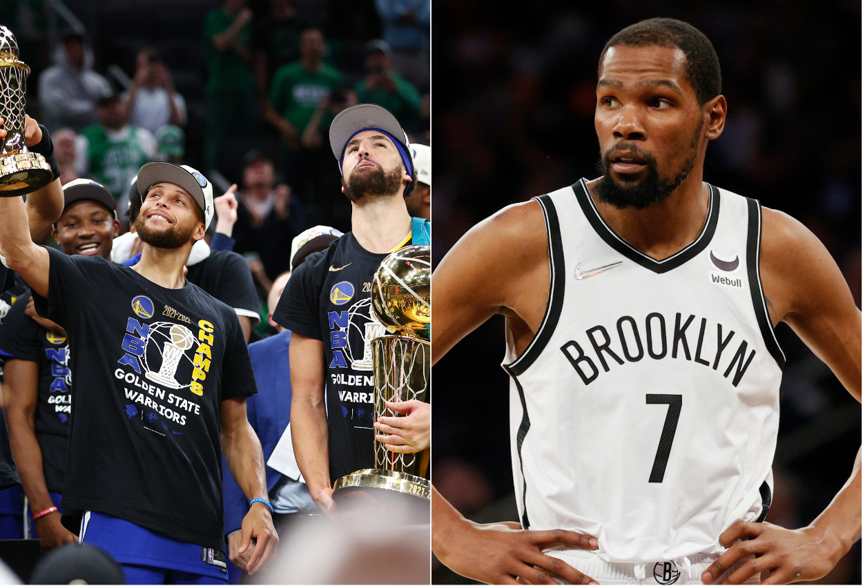 Stephen Curry and Klay Thompson celebrating their 2022 Warriors championship, and Kevin Durant with the Brooklyn Nets.