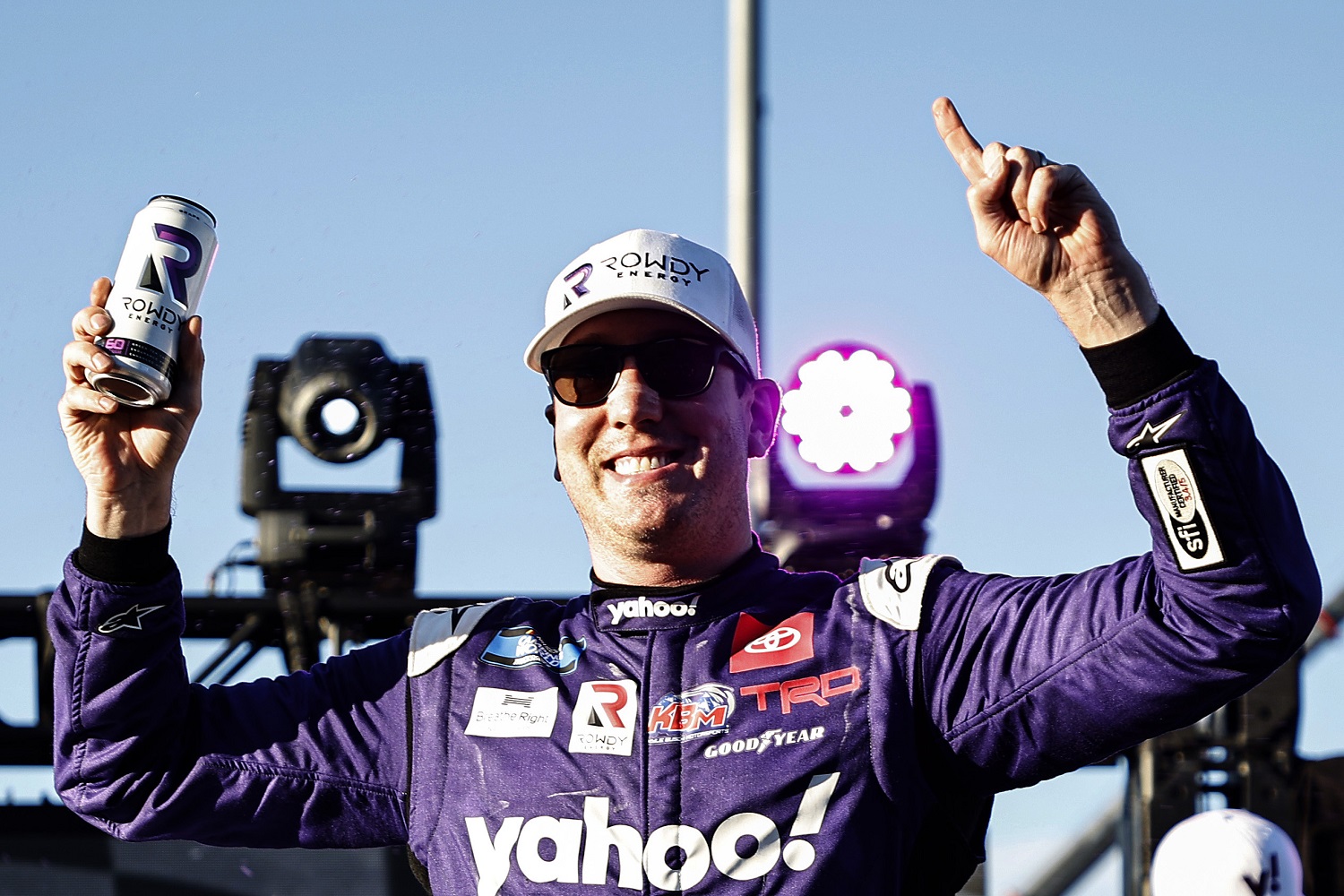 Kyle Busch celebrates after winning the NASCAR Camping World Truck Series DoorDash 250 at Sonoma Raceway on June 11, 2022.