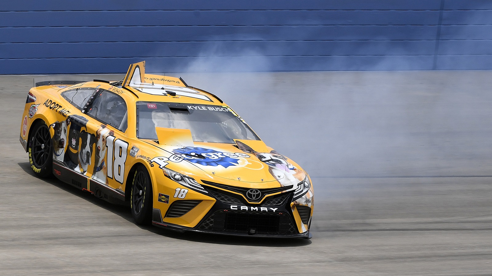 Kyle Busch, driver of the No. 18 Toyota, spins during qualifying for the NASCAR Cup Series Ally 400 at Nashville Superspeedway on June 25, 2022.