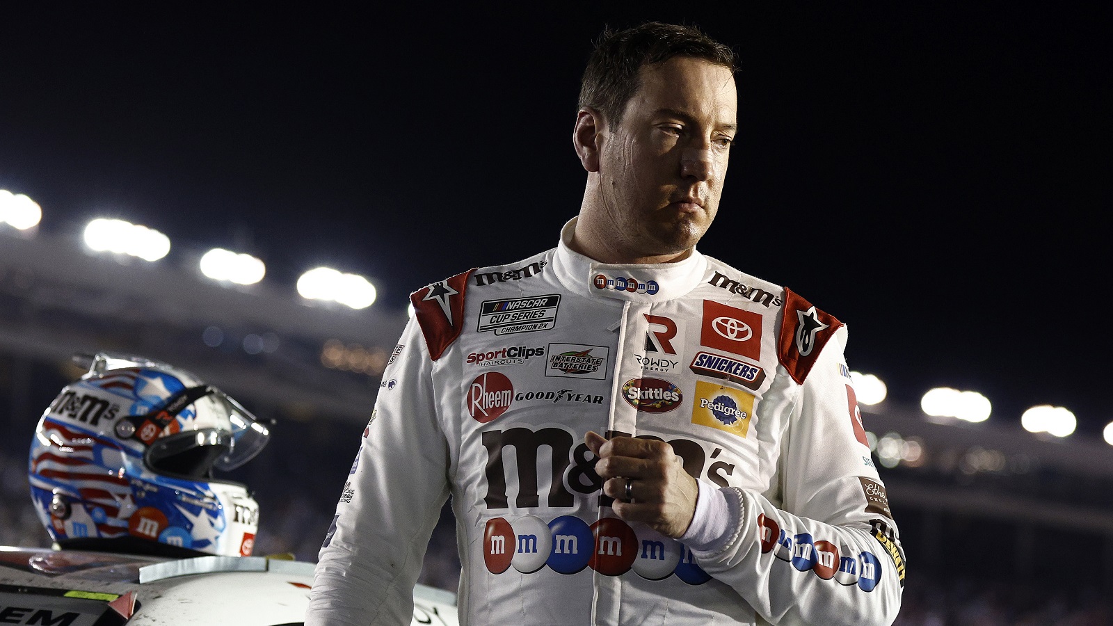 Kyle Busch, driver of the No. 18 Toyoya, exits his car after the NASCAR Cup Series Coca-Cola 600 at Charlotte Motor Speedway on May 29, 2022.
