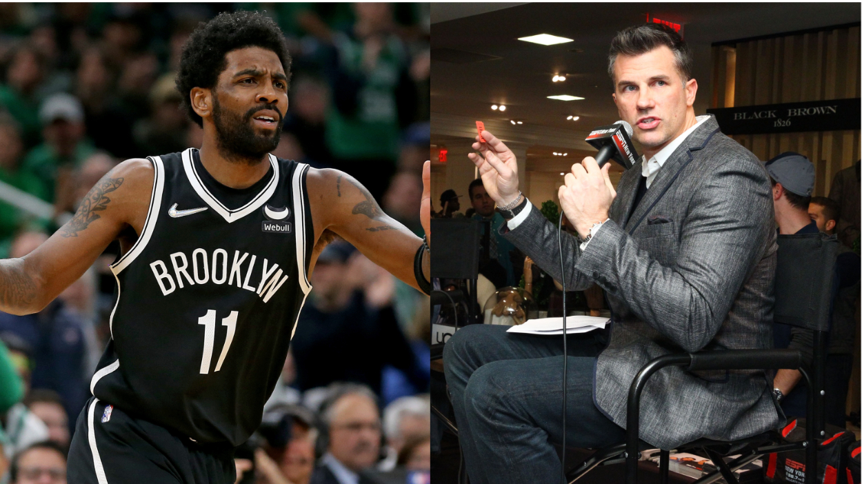 (L-R) Brooklyn Nets guard Kyrie Irving; ESPN Radio host and Knicks insider Alan Hahn.