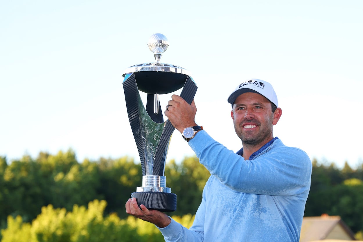 Charl Schwartzel celebrates after winning the LIV Golf Invitational.