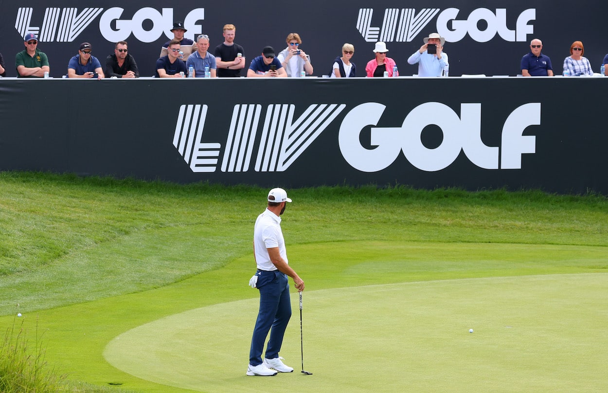 Dustin Johnson of 4 Aces GC putts on the seventh green during day two of the LIV Golf Invitational.