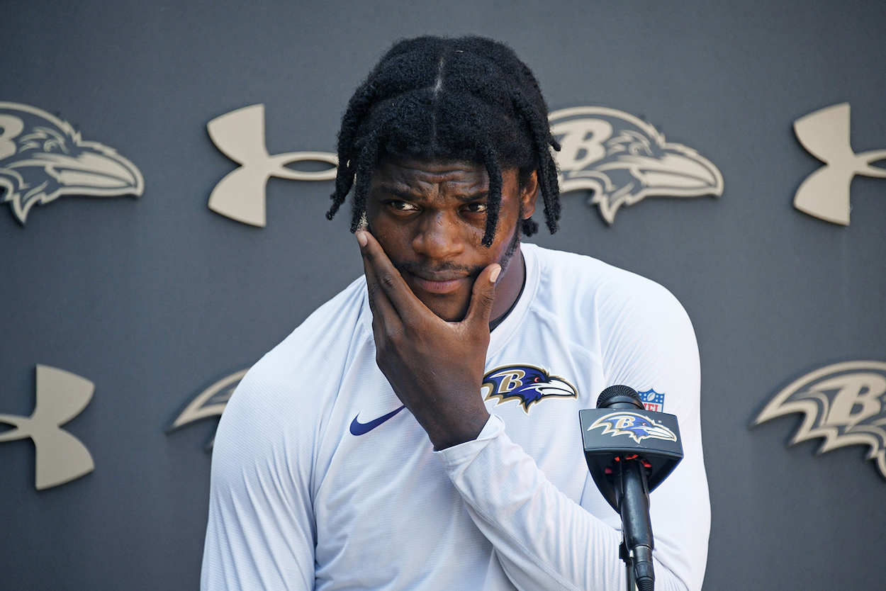 Baltimore Ravens QB Lamar Jackson speaks to the media.