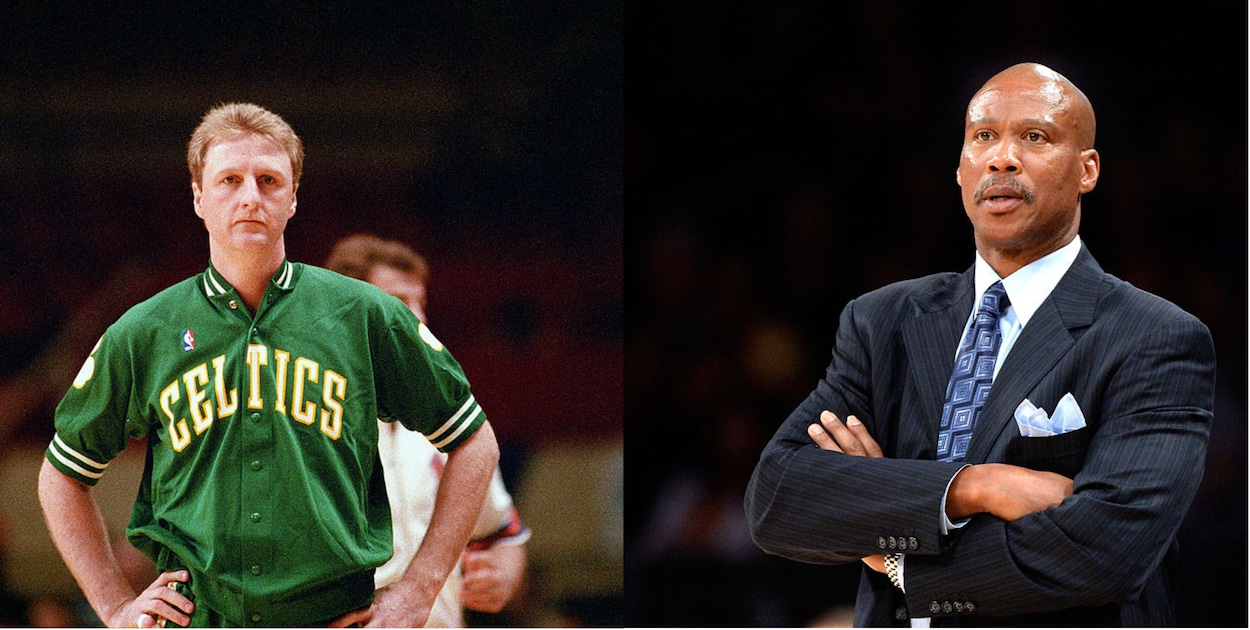 Larry Bird (L) and Byron Scott (R).