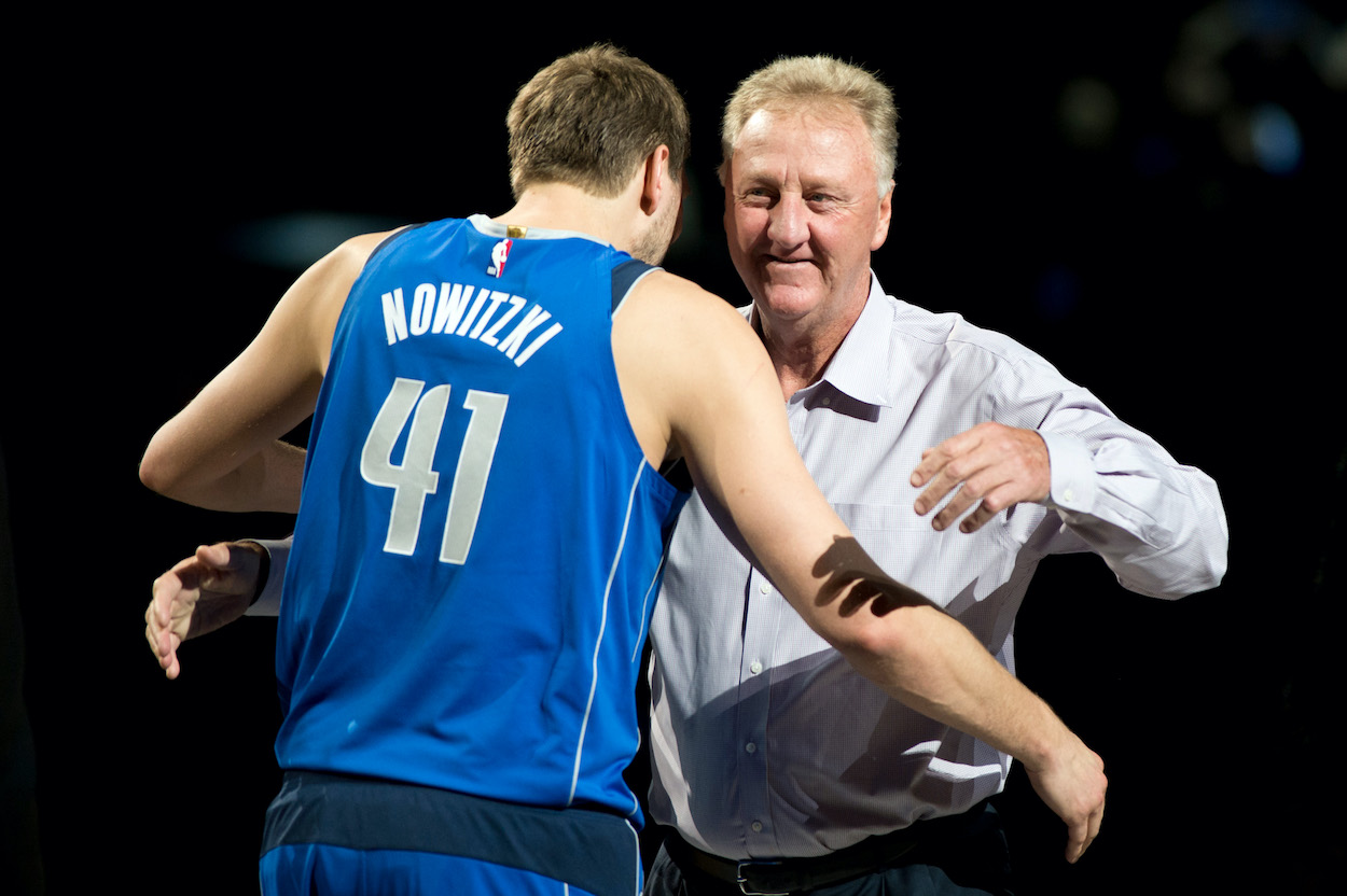 Conversations with Larry Bird (R) has a big impact on Kobe Bryant, Kevin Durant, and Dirk Nowitzki (L).