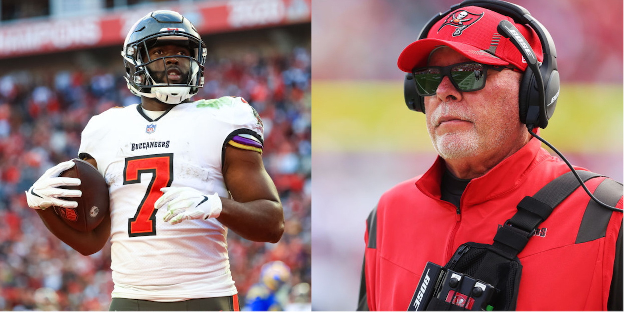 Tampa Bay Buccaneers running back Leonard Fournette (L) and former head coach Bruce Arians (R)