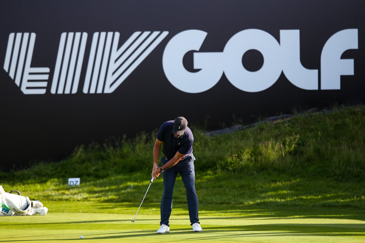 Phil Mickelson putts during the inaugural LIV Golf tournament.