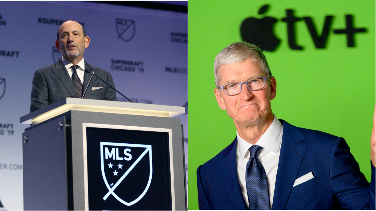 (L-R) MLS Commissioner Don Garber during the MLS SuperDraft 2019; Apple CEO Tim Cook attends Apple TV+'s "The Morning Show" world premiere.
