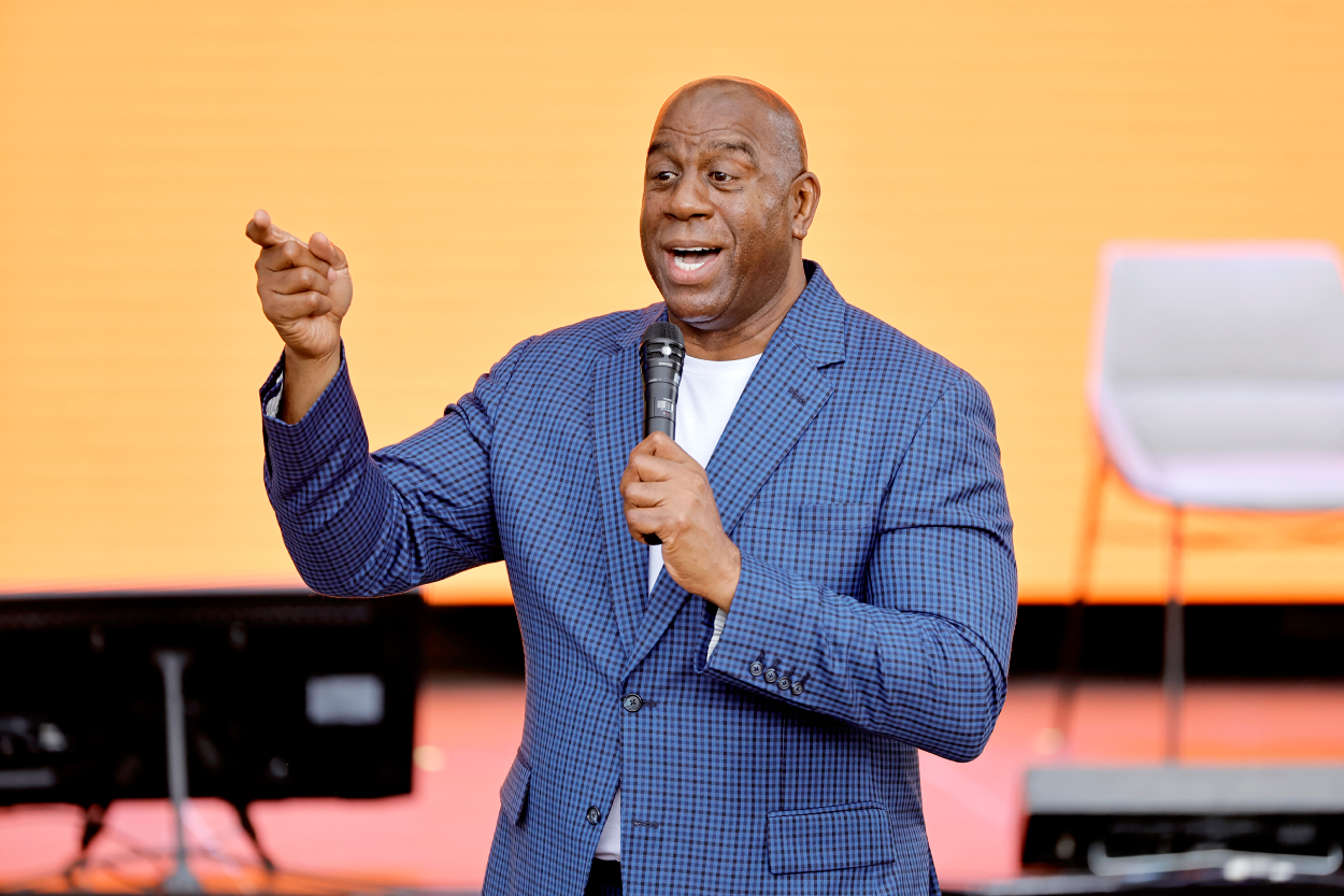 Magic Johnson speaks during When We All Vote Inaugural Culture Of Democracy Summit on June 13, 2022, in Los Angeles, California.