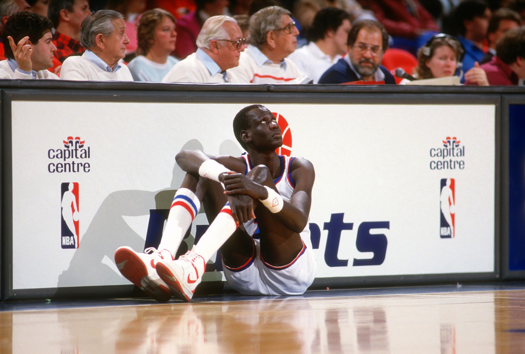 Manute Bol #10 of the Washington Bullets NBA during a game at the Capital Centre in Landover, Maryland