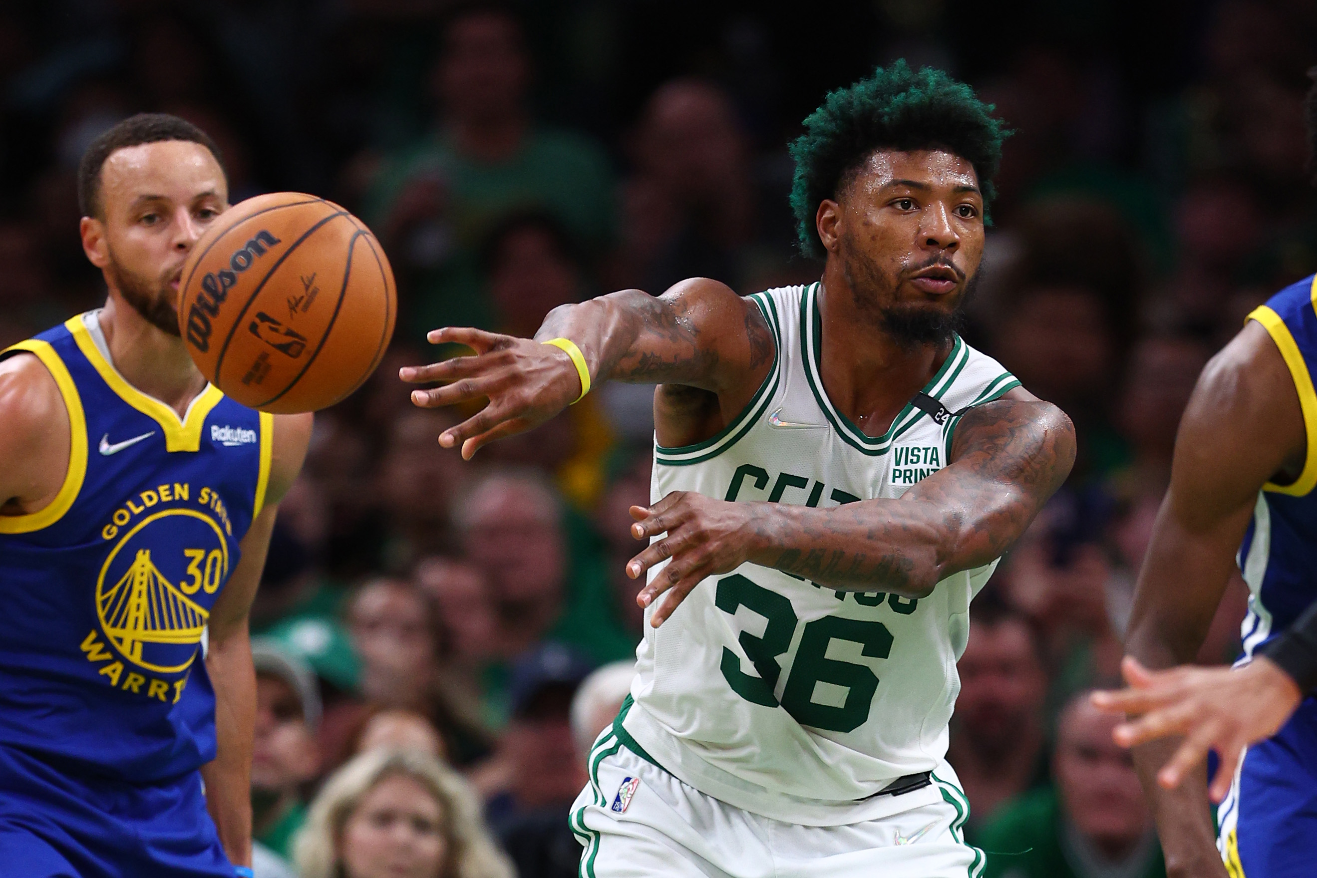Marcus Smart of the Boston Celtics passes against the Golden State Warriors.