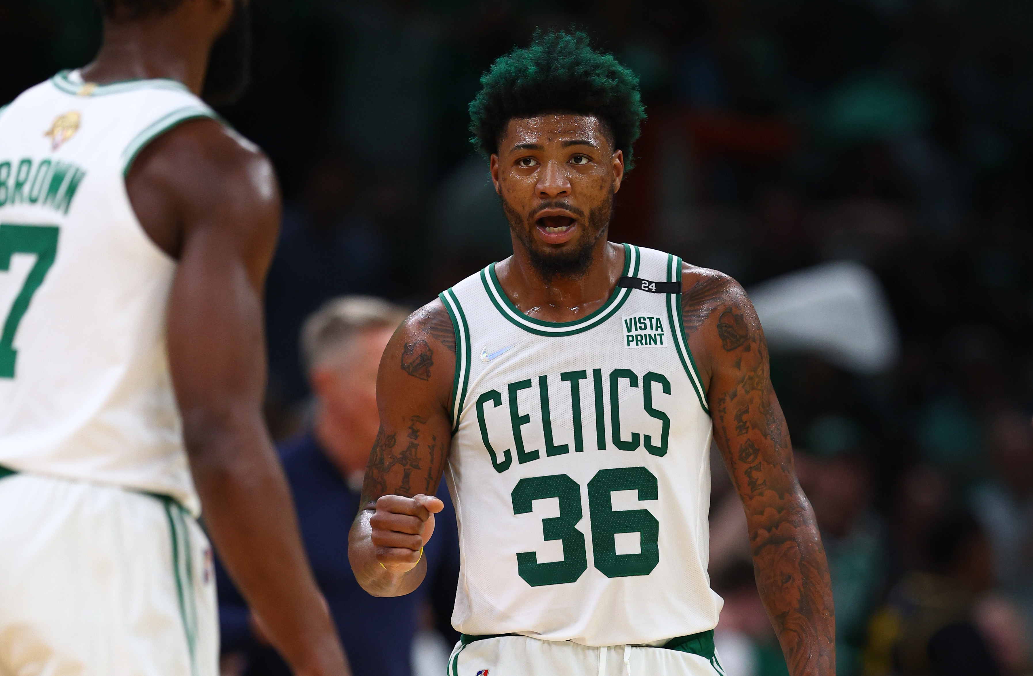 Marcus Smart of the Boston Celtics reacts to a play in the third quarter against the Golden State Warriors.