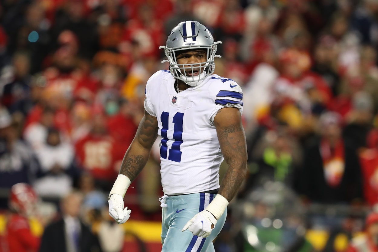 Dallas Cowboys outside linebacker Micah Parsons flexes after a sack.