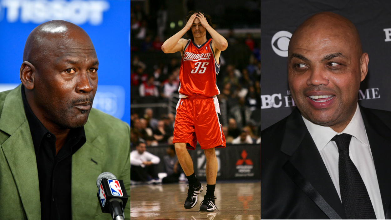 Side by side photos of Michael Jordan in a green jacket, Adam Morrison on the basketball court, and Charles Barkley in a black suit