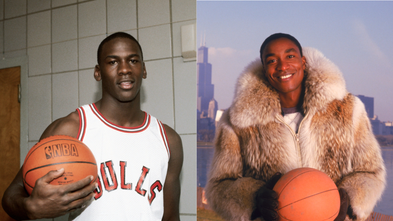 (L-R) NBA greats Michael Jordan of the Chicago Bulls and Isiah Thomas of the Detroit Pistons, a Chicago native.