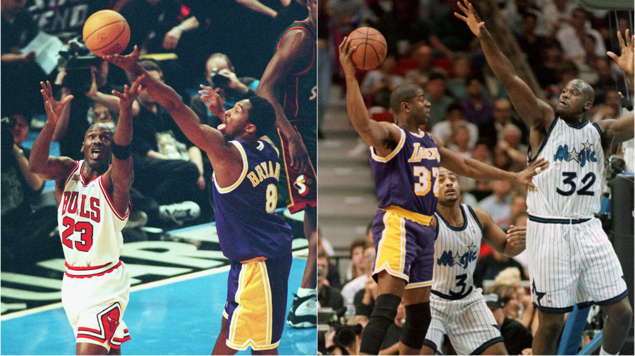 LA Lakers greats Kobe and Shaq were a lot like Michael Jordan and Magic Johnson. (L-R) Jordan and Kobe Bryant; Johnson and Shaquille O'Neal