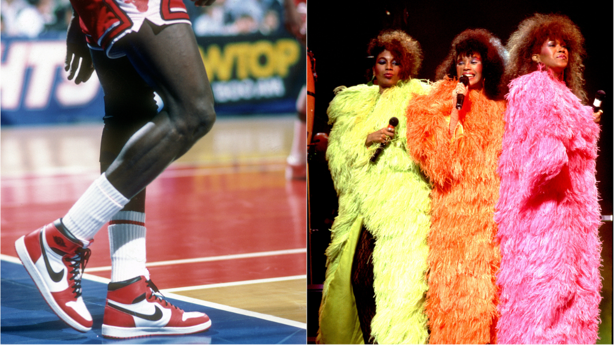 Michael Jordan wearing Nike Air Jordan sneakers circa 1985, The Pointer Sisters in Chicago in 1985.