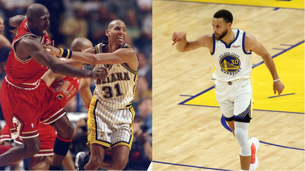 Michael Jordan occasionally guarded Reggie Miller in the 90s (L), but Miller thinks Scottie Pippen is the defender who could shut Stephen Curry (R) down.