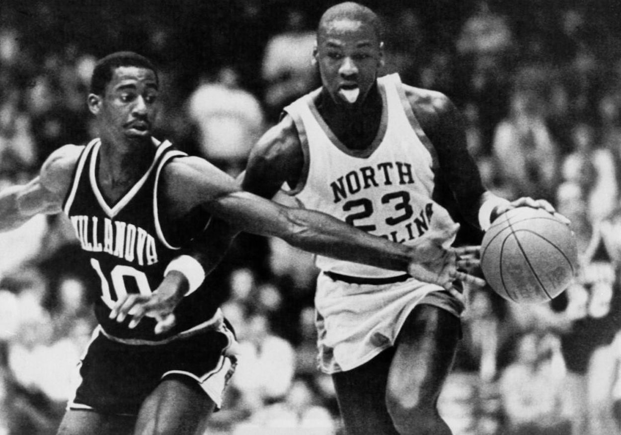 Michael Jordan dribbles the ball during his NCAA career.