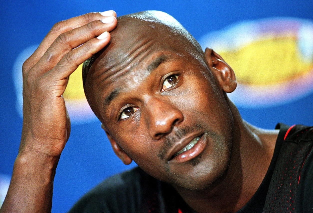 Michael Jordan at a press conference during the 1998 NBA Finals