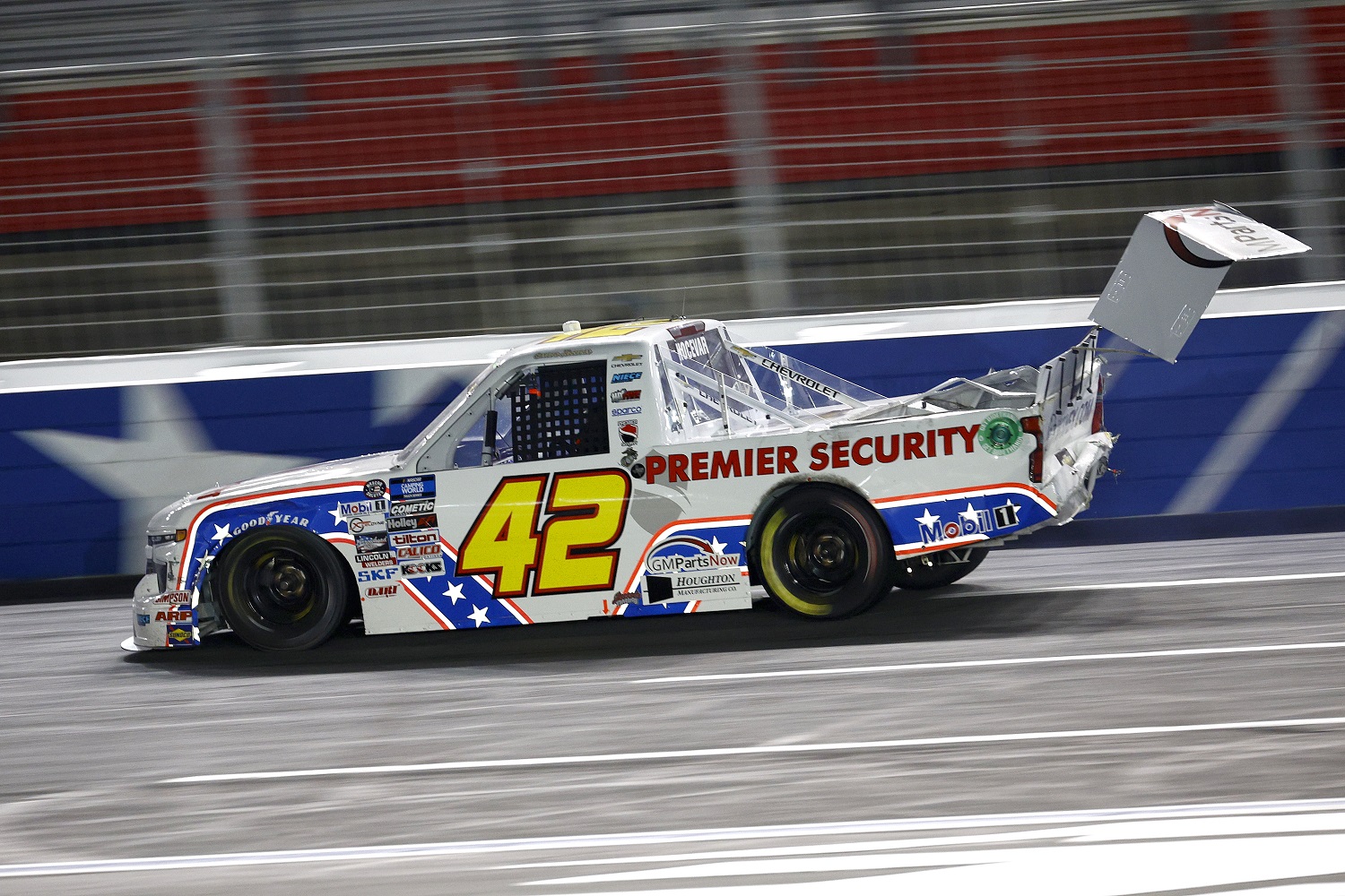 Carson Hocevar drives a damaged truck after an on-track incident during the NASCAR Camping World Truck Series North Carolina Education Lottery 200 at Charlotte Motor Speedway on May 27, 2022. | Jared C. Tilton/Getty Images