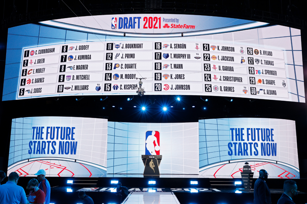 The big board after the first of two rounds in the 2021 NBA Draft.