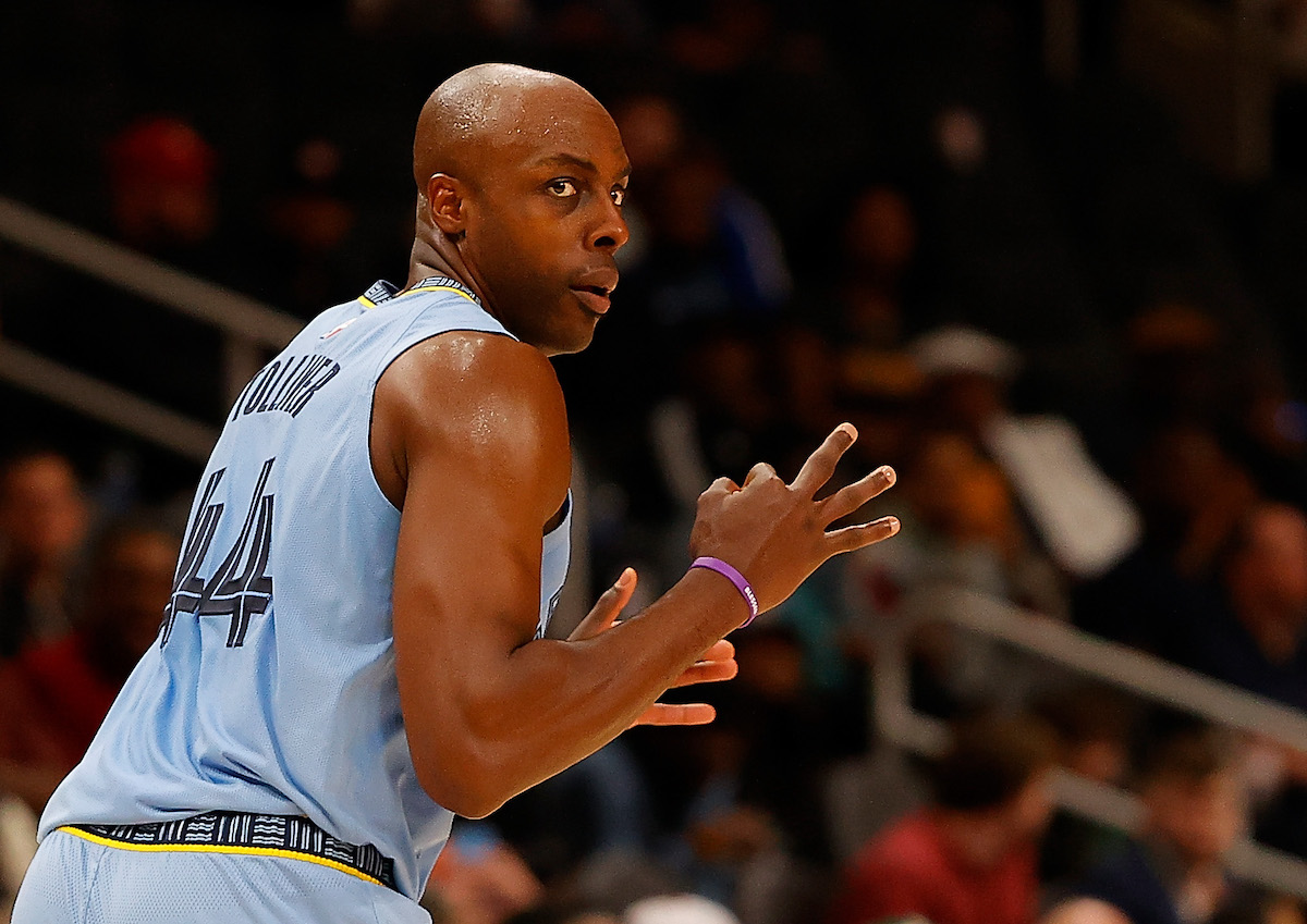Memphis Grizzlies player Anthony Tolliver reacts after hitting a three-point basket against the Atlanta Hawks