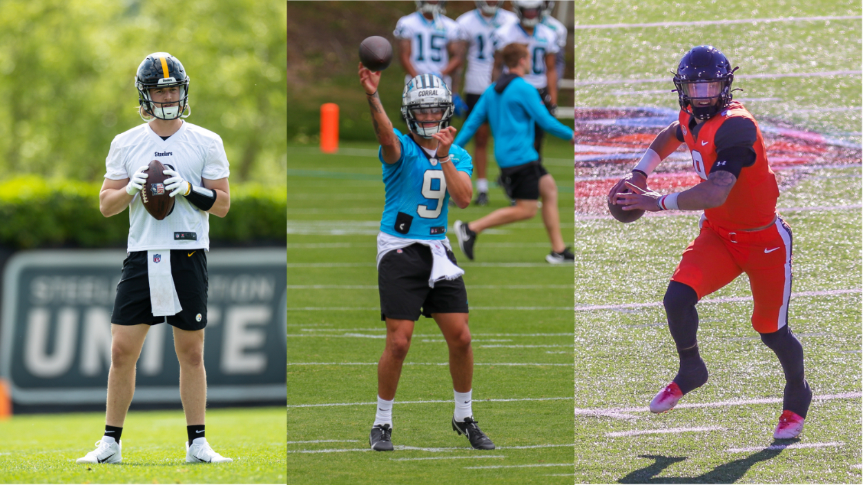2022 NFL rookie QBs in the Pittsburgh Steelers Kenny Pickett (L), Carolina Panthers Matt Corral (C), and Atlanta Falcons Desmond Ridder (R).