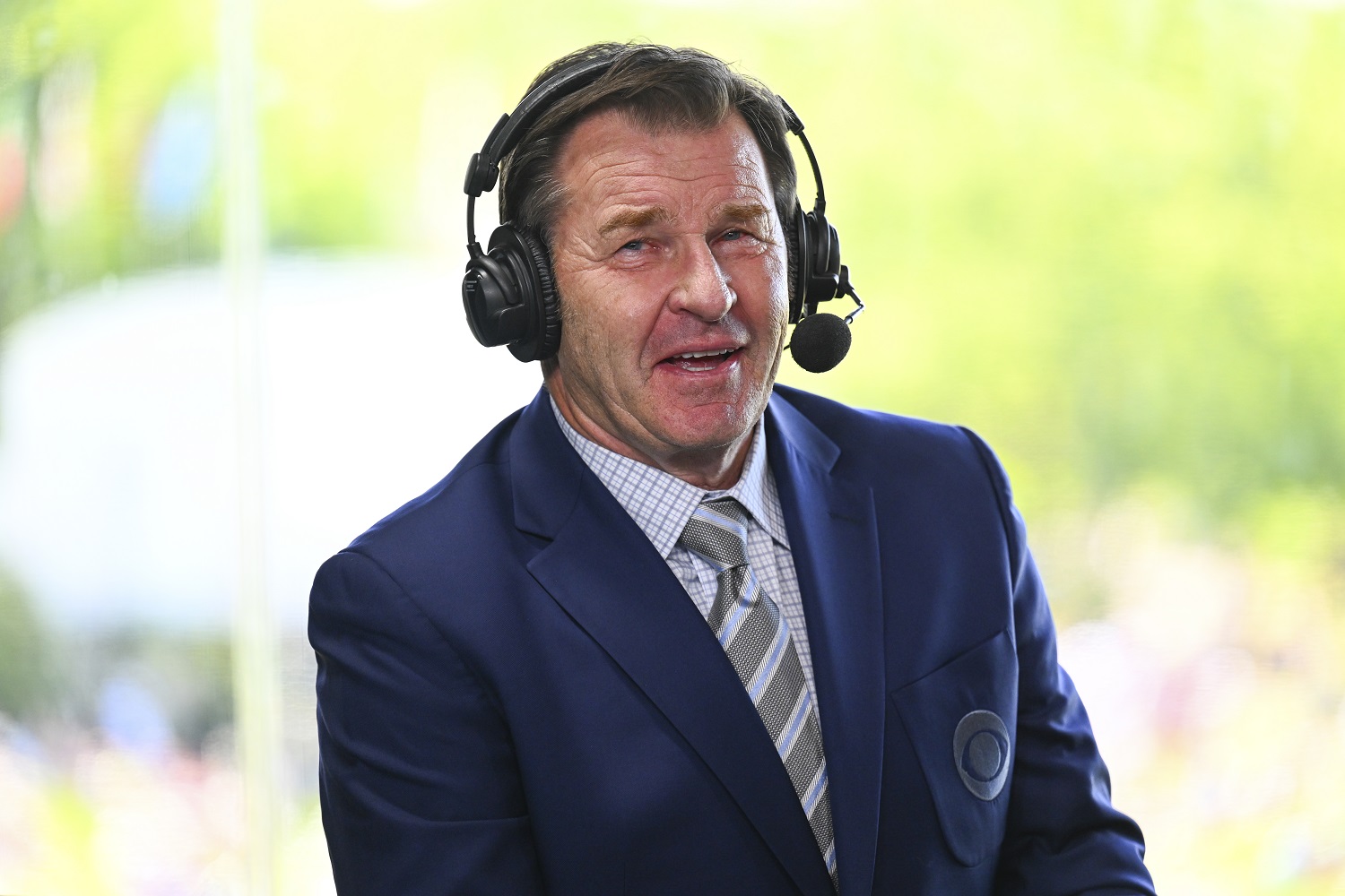 Nick Faldo of CBS Sports in the 18th hole booth during the third round of the Memorial Tournament at Muirfield Village Golf Club on June 4, 2022 in Dublin, Ohio.
