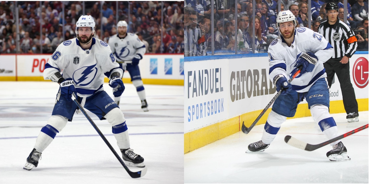 Tampa Bay Lightning forwards Nikita Kucherov (L) and Brayden Point (R).