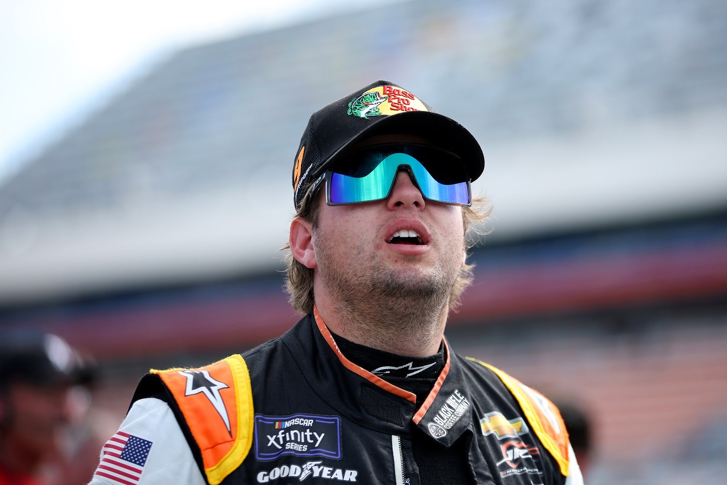 Noah Gragson looks on during qualifying for the NASCAR Xfinity Series Alsco Uniforms 300 at Charlotte Motor Speedway on May 27, 2022 in Concord, North Carolina. | James Gilbert/Getty Images