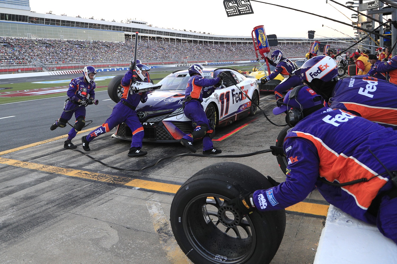 Denny Hamlin makes a pit stop during the running of the NASCAR Cup Series Coca-Cola 600 on May 29, 2022, at Charlotte Motor Speedway. | Jeff Robinson/Icon Sportswire via Getty Images