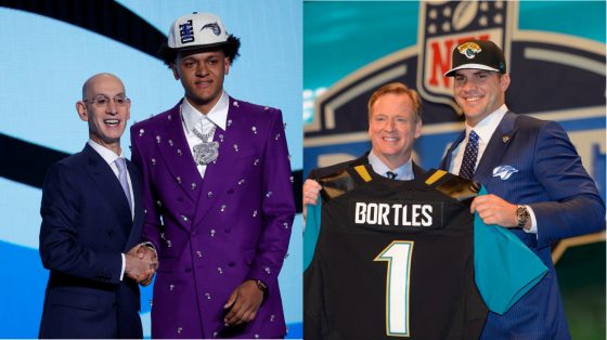 (L-R) NBA commissioner Adam Silver and Orlando Magic No. 1 pick Paolo Banchero at the 2022 NBA Draft; NFL commissioner Roger Goodell and Jacksonville Jaguars QB Blake Bortles at the 2014 NFL Draft.