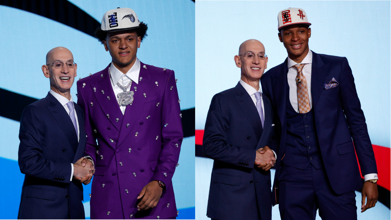 The Orlando Magic's Paolo Banchero (L) and Houston Rockets' Jabari Smith (R) with NBA commissioner Adam Silver during the 2022 NBA Draft.